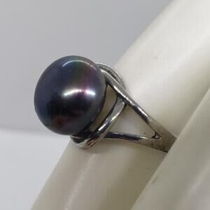 Iridescent Large Black Pearl Solitaire Ring Size 8 Silver Tone Split Shank